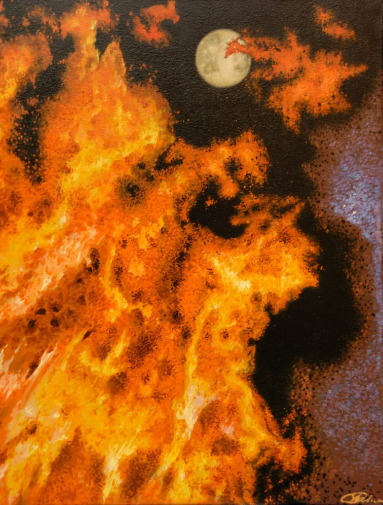 Element fire. Oil on canvas. Artist Christian Staebler. Fire, hot and most relevant for power.